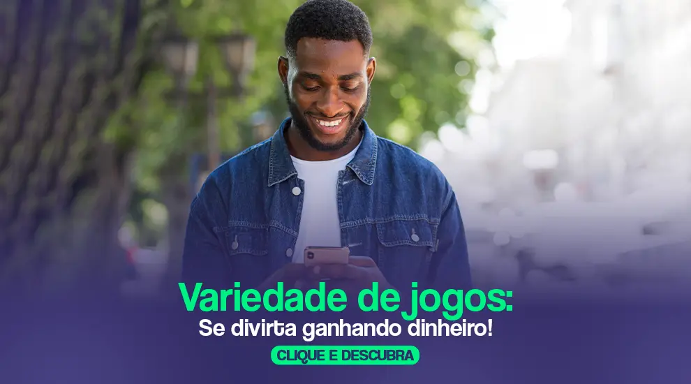 Um homem usando um smartphone com texto promovendo uma variedade de jogos e ganhos financeiros, com um botão de chamada para ação