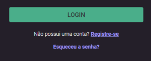  A imagem mostra um botão retangular verde com a palavra “LOGIN” escrita em letras pretas. Abaixo do botão de login, há uma frase em português que diz “Não possui uma conta? em texto branco e um Registre-se” em texto azul e em negrito. E abaixo, uma opção que permite que os usuários que esqueceram sua senha a recuperem, indicada pela frase “Esqueceu a senha?” também escrita em azul e em negrito.