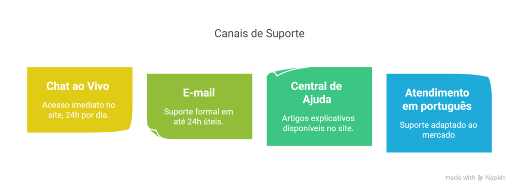 Infográfico detalhando os canais de atendimento no suporte da Stake PT