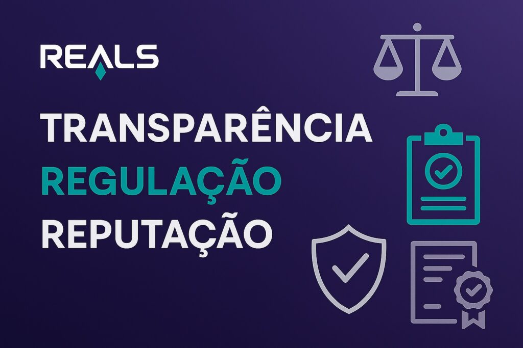 Imagem institucional da marca Realsbet com fundo roxo e elementos gráficos representando justiça, regulação e segurança. À esquerda, estão em destaque as palavras "Transparência", "Regulação" e "Reputação" em letras grandes. À direita, há ícones que simbolizam balança da justiça, checklist, escudo com marca de verificação e certificado, reforçando a ideia de conformidade, confiança e credibilidade da plataforma. O logotipo da Reals aparece no topo esquerdo.