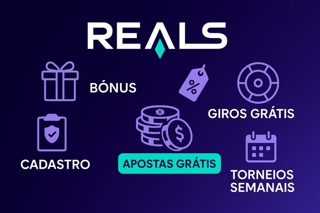 Imagem promocional da plataforma Reals, com fundo roxo e ícones destacando benefícios como bônus, giros grátis, apostas grátis, torneios semanais e cadastro seguro. A logo da Reals aparece no topo central da imagem.