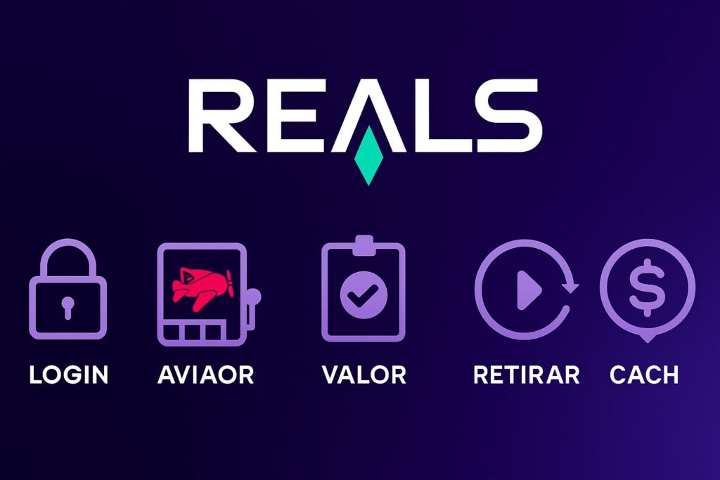 Imagem em formato paisagem com fundo roxo escuro em degradê, contendo o logotipo da Reals no topo central com destaque para o losango verde na letra A. Abaixo, há cinco ícones com estilo minimalista representando etapas do jogo Aviator: um cadeado (login), uma máquina de caça-níquel com avião vermelho (Aviator), uma prancheta com check (valor da aposta), um botão de play com seta circular (retirar aposta) e um ícone de cifrão em marcador de localização (ganhos). Cada ícone está acompanhado por uma palavra em branco com letras maiúsculas.