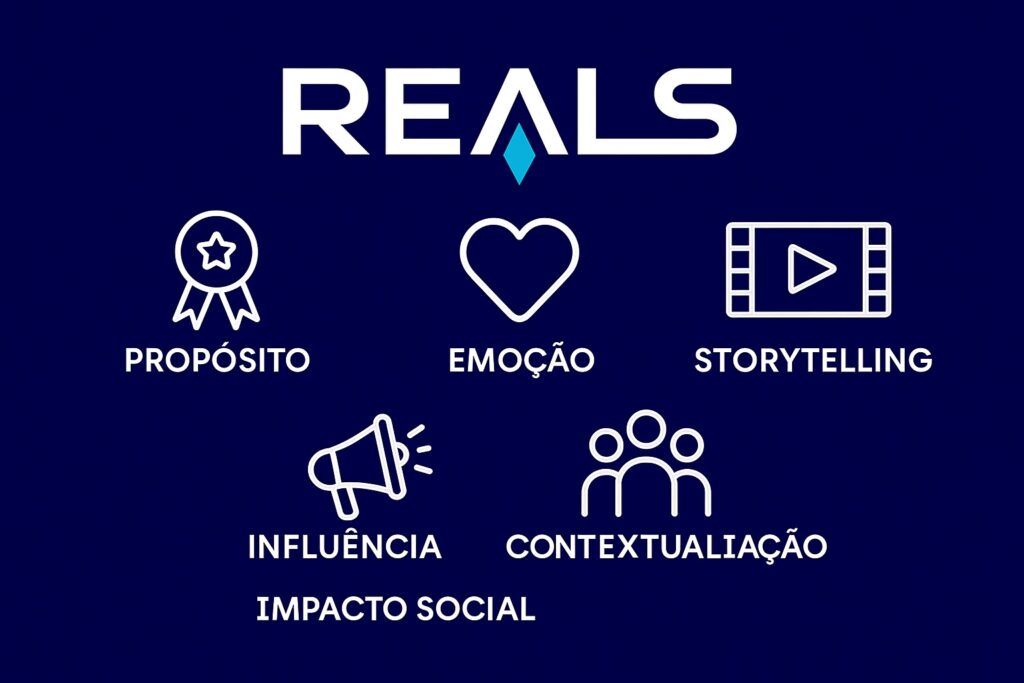 Gráfico visual com o logotipo da REALS na parte superior e seis ícones representando os principais valores da marca: propósito (ícone de medalha), emoção (ícone de coração), storytelling (ícone de filme), influência (ícone de megafone), impacto social (texto) e contextualização (ícone de grupo), todos sobre um fundo azul escuro.
