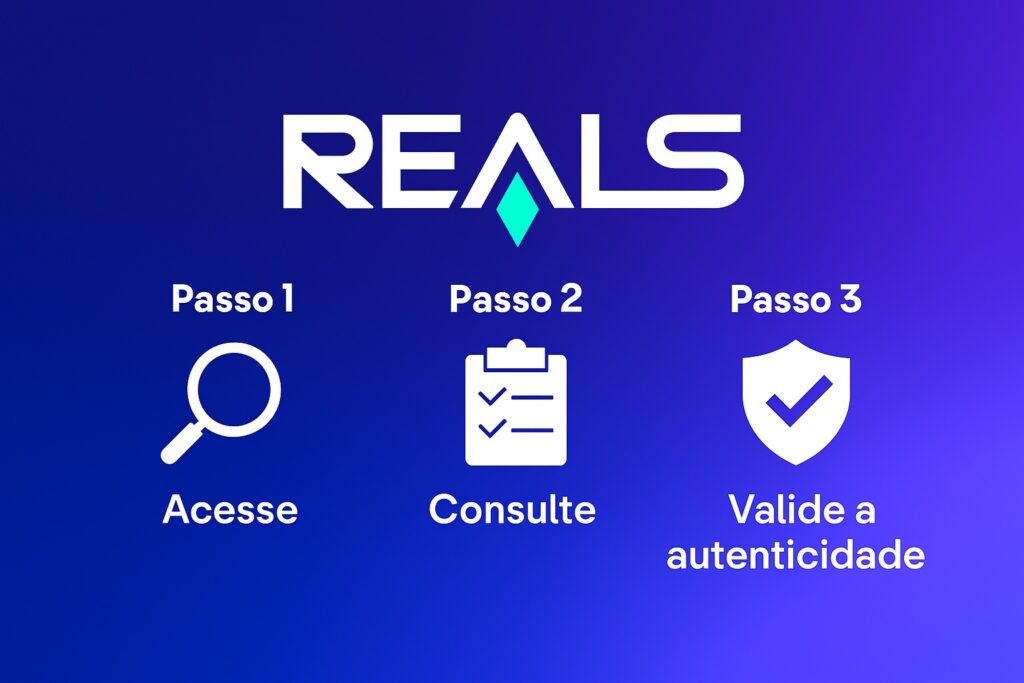 Imagem em formato paisagem com fundo em degradê azul e roxo, contendo o logotipo da Reals no topo, com um losango verde no centro da letra "A". Abaixo, três etapas são destacadas com ícones brancos e texto: "Passo 1 – Acesse" com uma lupa, "Passo 2 – Consulte" com uma prancheta e "Passo 3 – Valide a autenticidade" com um escudo e check. A imagem segue a paleta de cores do site da Reals. 